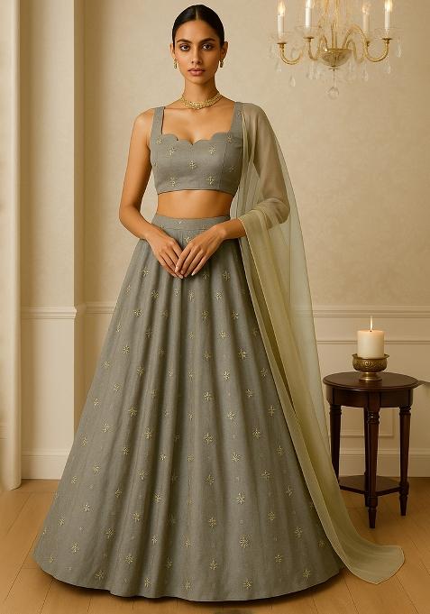 Olive Embellished Chinon Lehenga Set