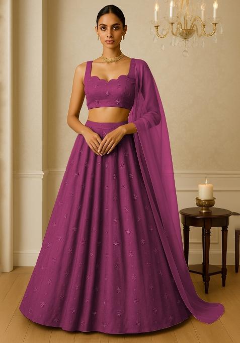 Pink Embellished Chinon Lehenga Set