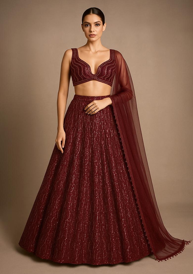 Maroon Embroidered Chiffon Lehenga Set - Indya