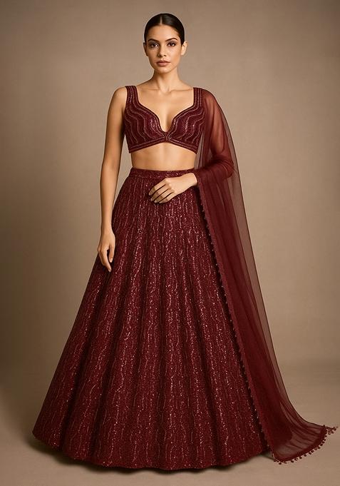 Maroon Embroidered Chiffon Lehenga Set