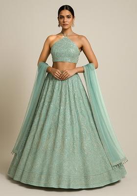 Aqua Blue Embroidered Chiffon Lehenga Set