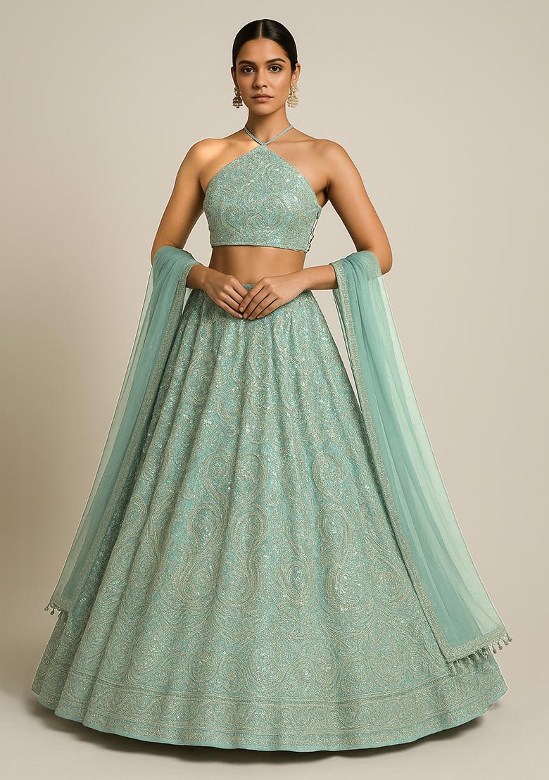 Aqua Blue Embroidered Chiffon Lehenga Set