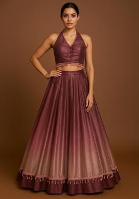 Brown And Peach Ombre Shaded With Foil Print Milano Satin Lehenga Set