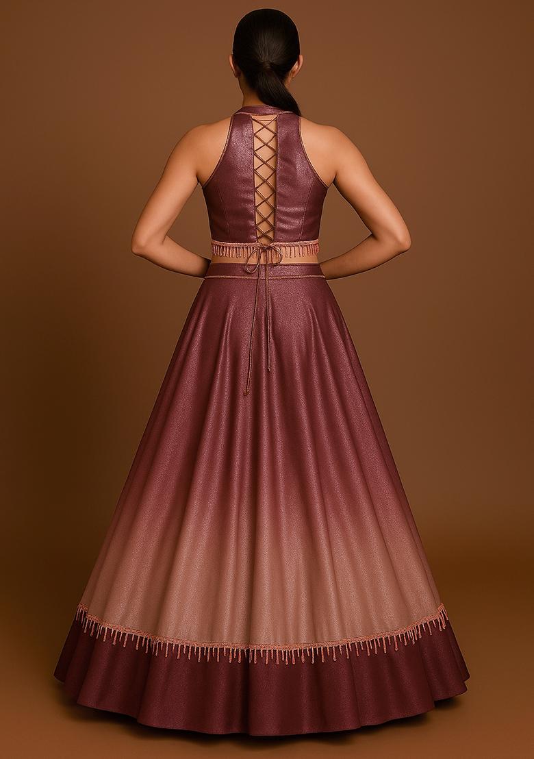 Brown And Peach Ombre Shaded With Foil Print Milano Satin Lehenga Set - Indya