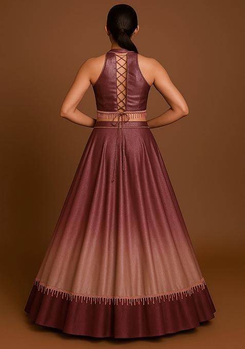 Brown And Peach Ombre Shaded With Foil Print Milano Satin Lehenga Set
