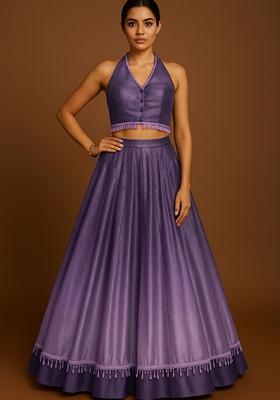 Purple And White Ombre Shaded With Foil Print Milano Satin Lehenga Set
