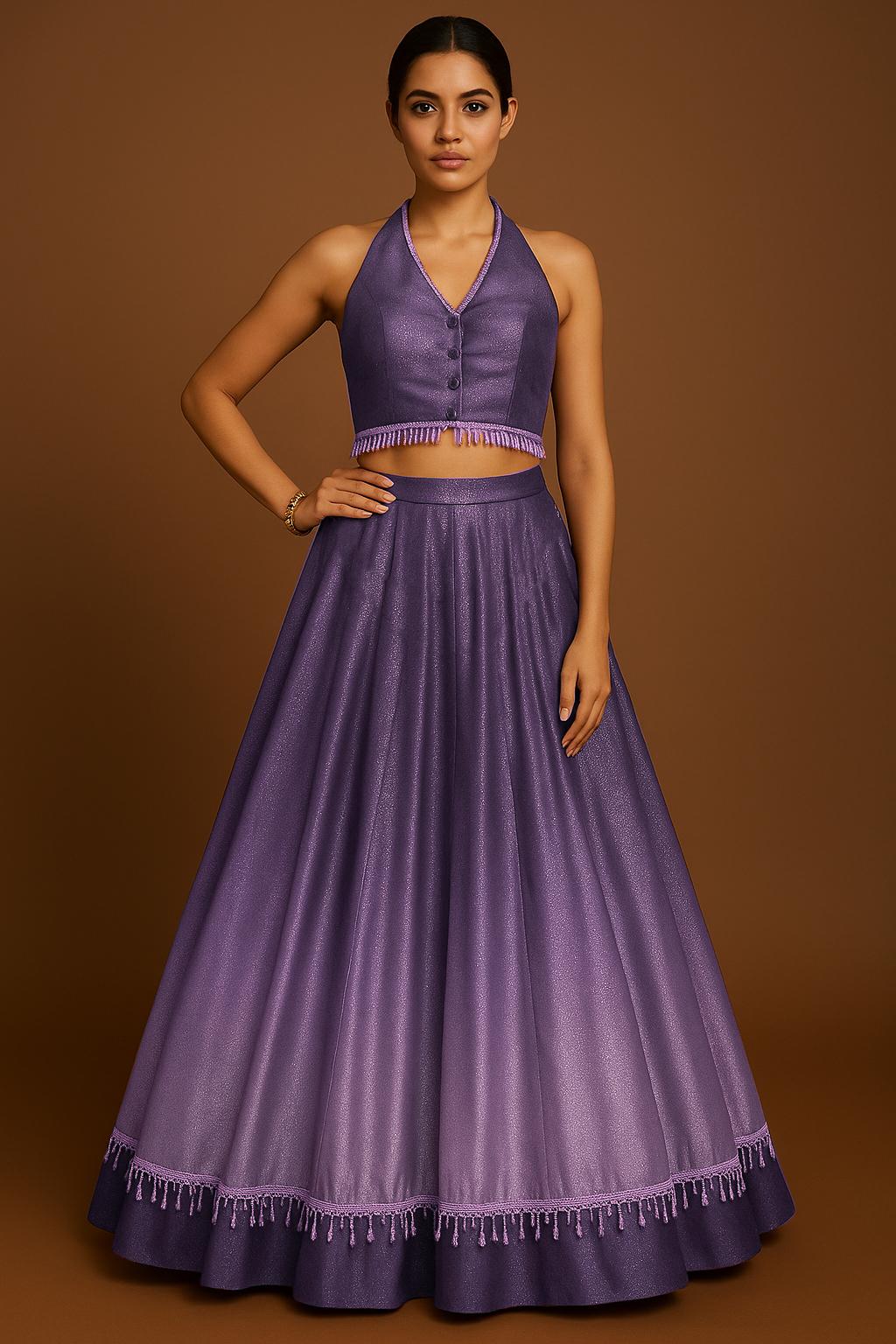 Purple And White Ombre Shaded With Foil Print Milano Satin Lehenga Set