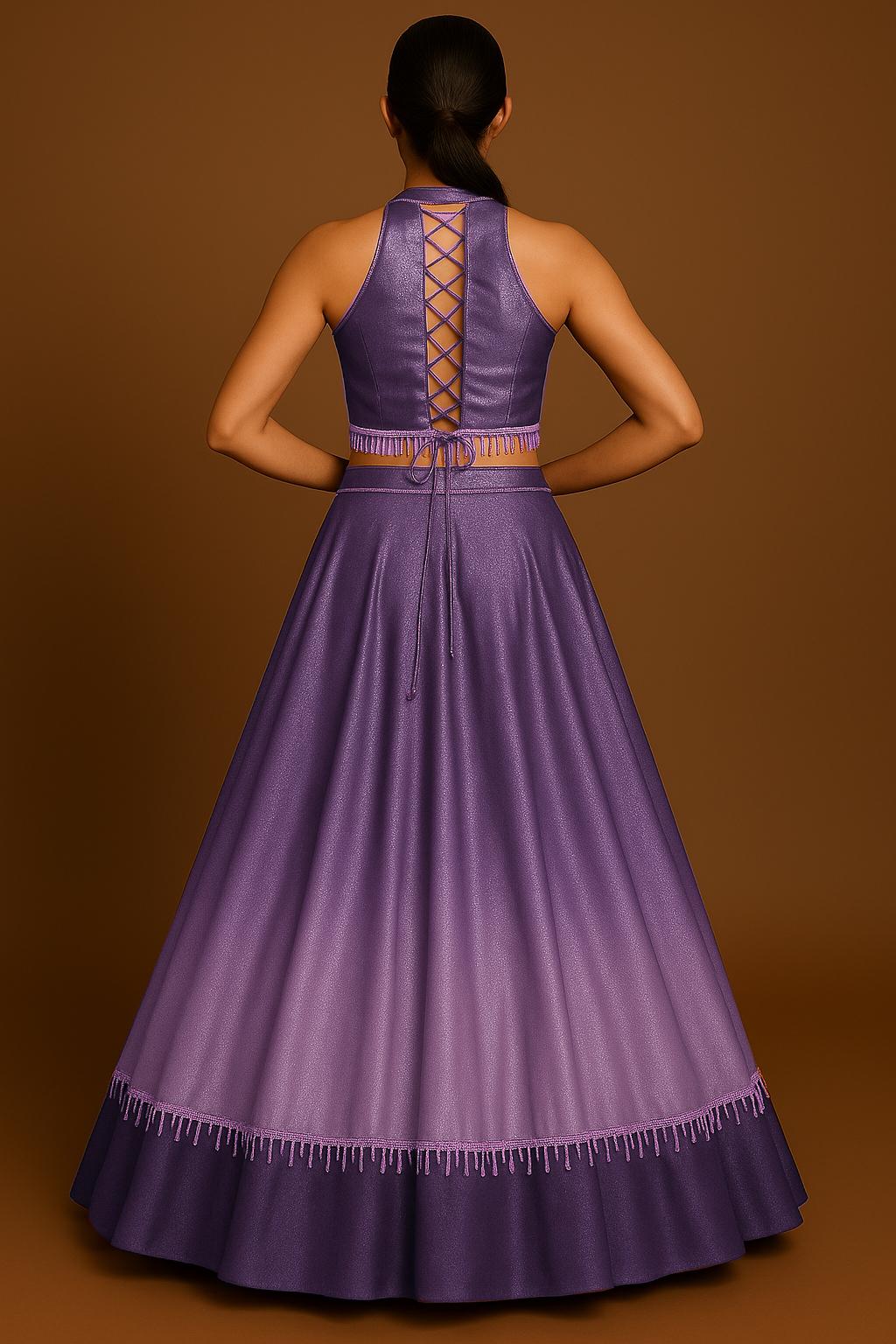 Purple And White Ombre Shaded With Foil Print Milano Satin Lehenga Set - Indya