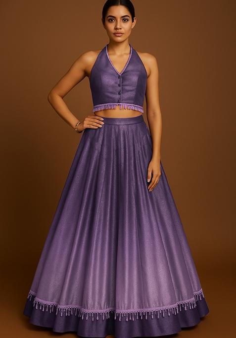 Purple And White Ombre Shaded With Foil Print Milano Satin Lehenga Set