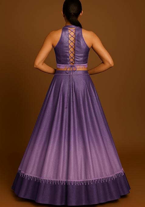 Purple And White Ombre Shaded With Foil Print Milano Satin Lehenga Set