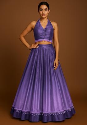 Purple Ombre Shaded With Foil Print Milano Satin Lehenga Set