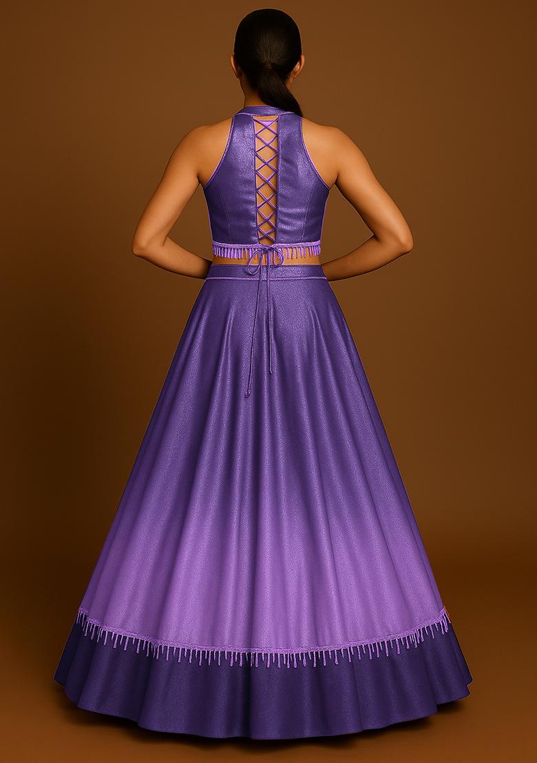 Purple Ombre Shaded With Foil Print Milano Satin Lehenga Set - Indya