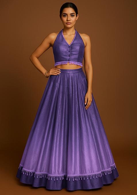 Purple Ombre Shaded With Foil Print Milano Satin Lehenga Set