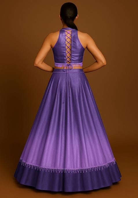 Purple Ombre Shaded With Foil Print Milano Satin Lehenga Set