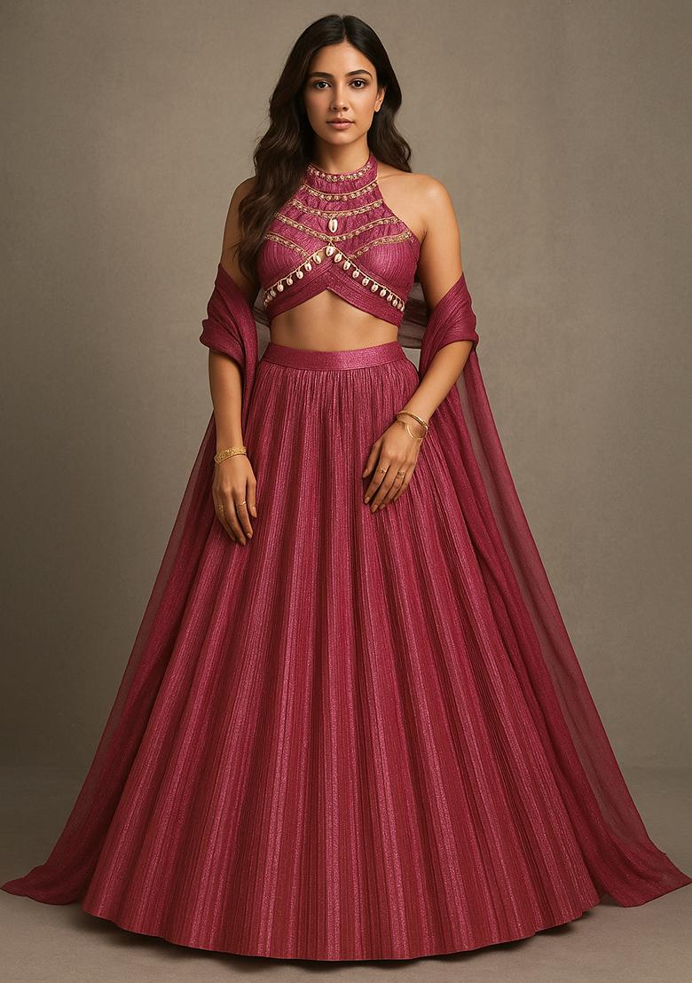 Pink Foli Print Knit Lehenga Set - Indya