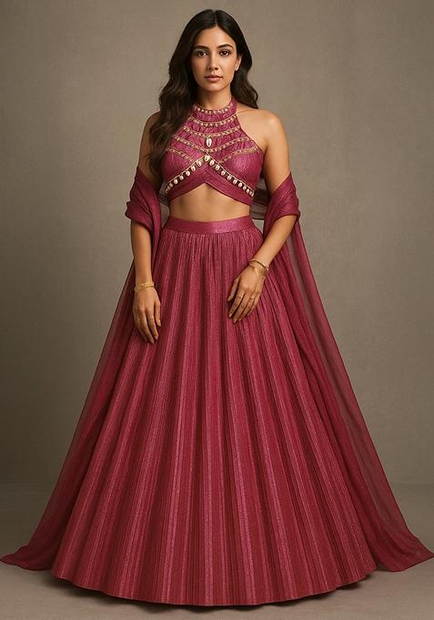 Pink Foli Print Knit Lehenga Set