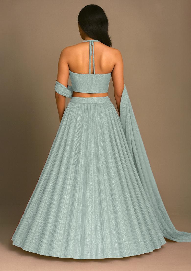 Light Blue Foil Printed Knit Lehenga Set - Indya