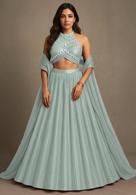 Light Blue Foil Printed Knit Lehenga Set