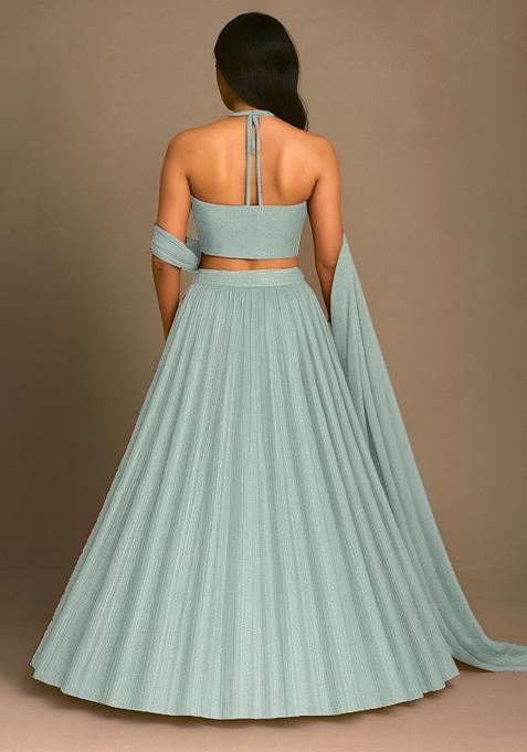Light Blue Foil Printed Knit Lehenga Set