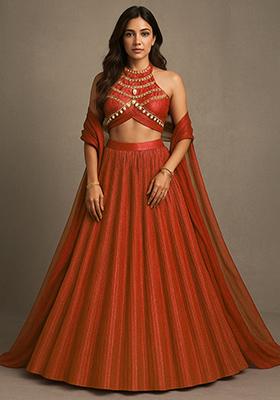 Red Foil Printed Knit Lehenga Set