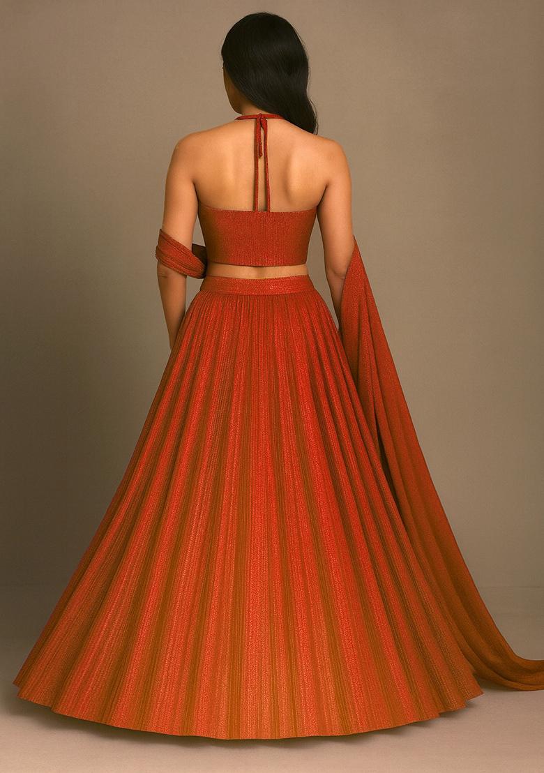 Red Foil Printed Knit Lehenga Set - Indya