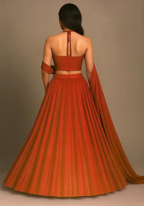 Red Foil Printed Knit Lehenga Set