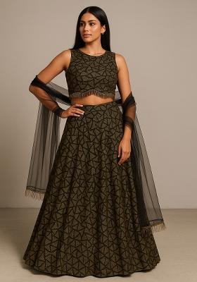 Black and Golden Jacquard Knit Lehenga Set