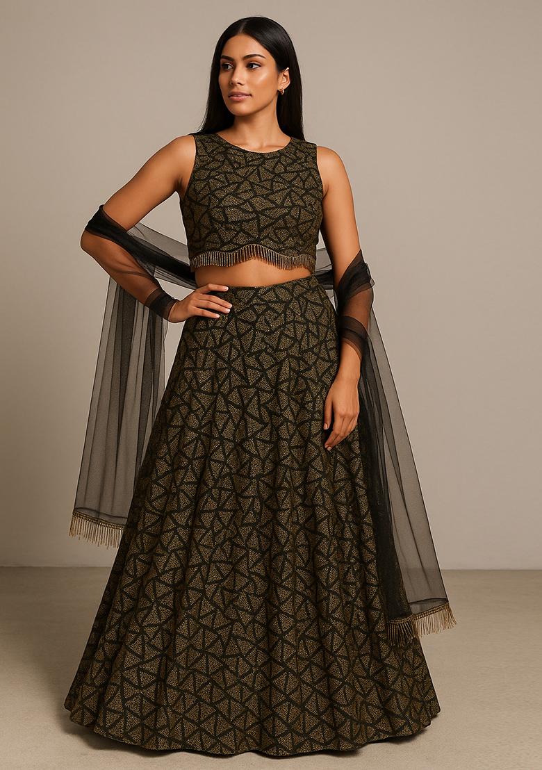 Black and Golden Jacquard Knit Lehenga Set