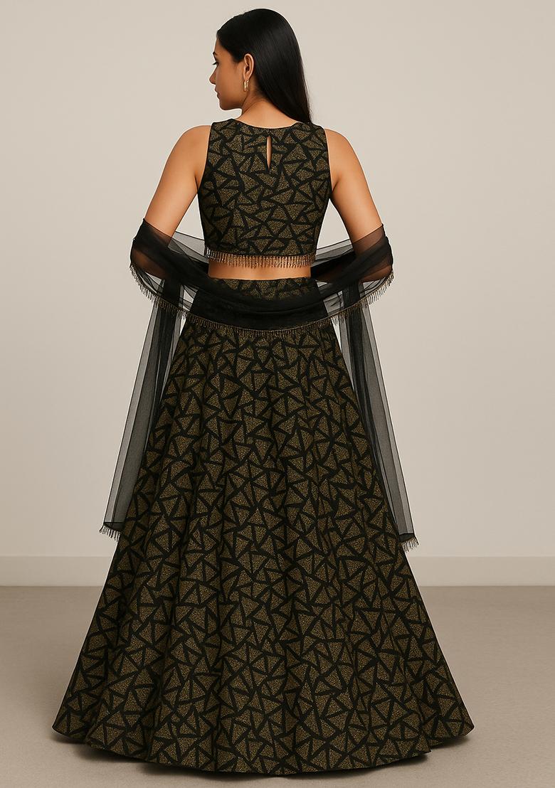 Black and Golden Jacquard Knit Lehenga Set - Indya
