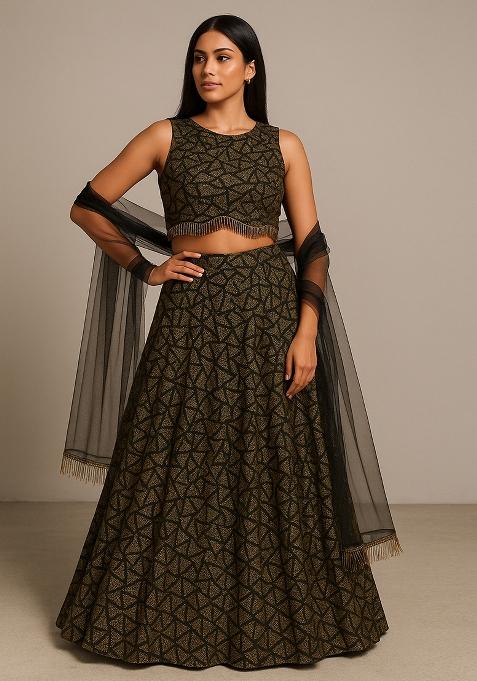 Black and Golden Jacquard Knit Lehenga Set