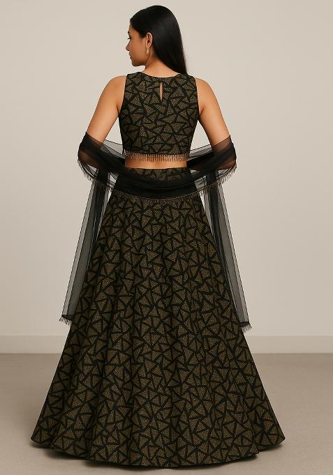 Black and Golden Jacquard Knit Lehenga Set