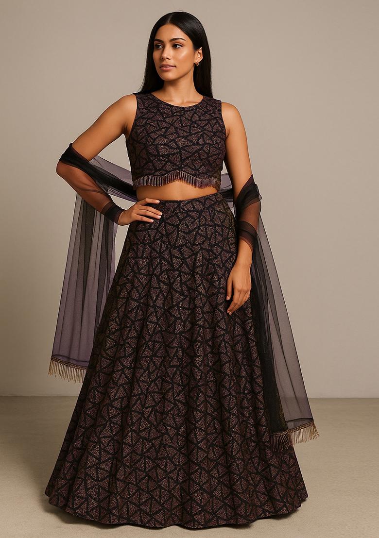 Black And Copper Jacquard Knit Lehenga Set