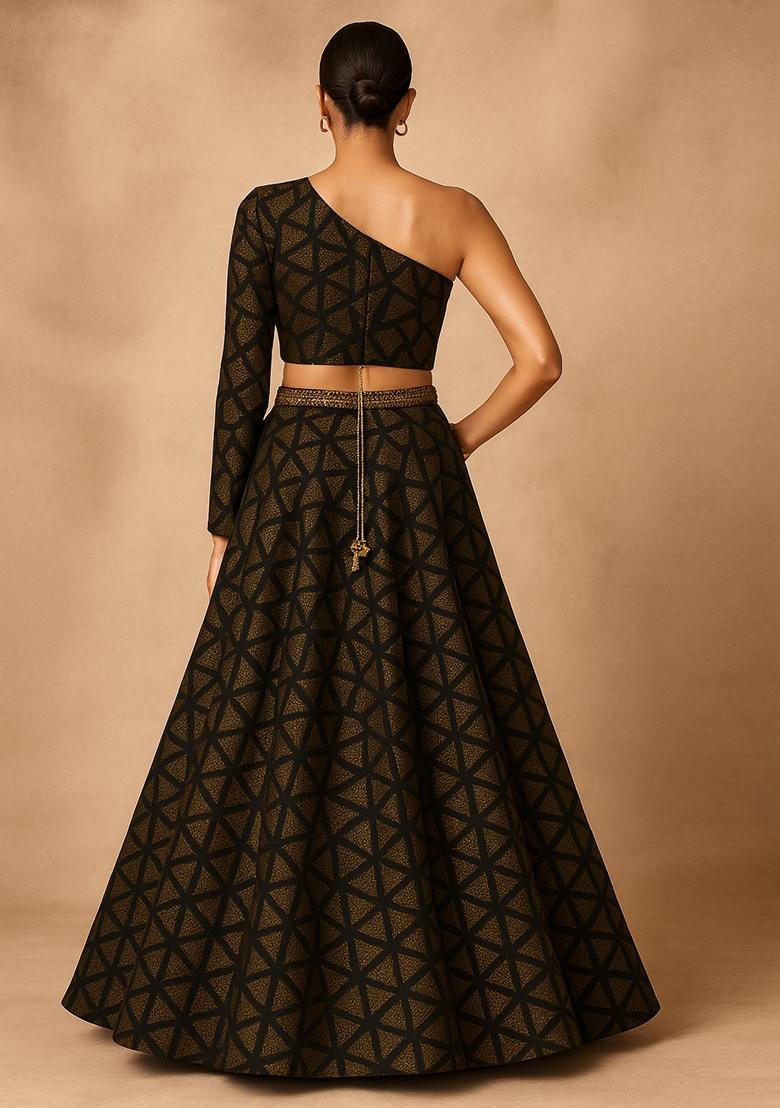 Black and Dull Golden Jacquard Knit Lehenga Set - Indya