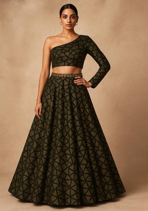 Black and Dull Golden Jacquard Knit Lehenga Set