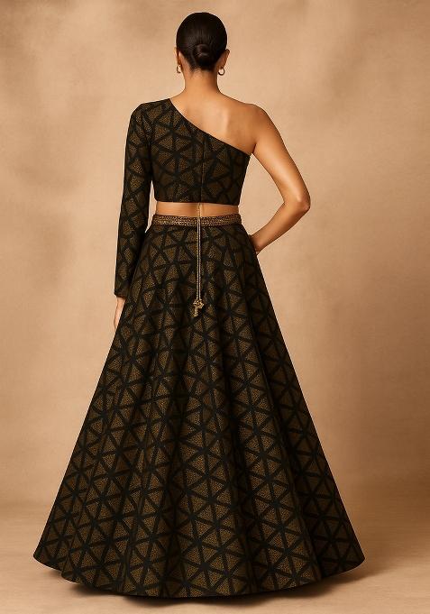 Black and Dull Golden Jacquard Knit Lehenga Set
