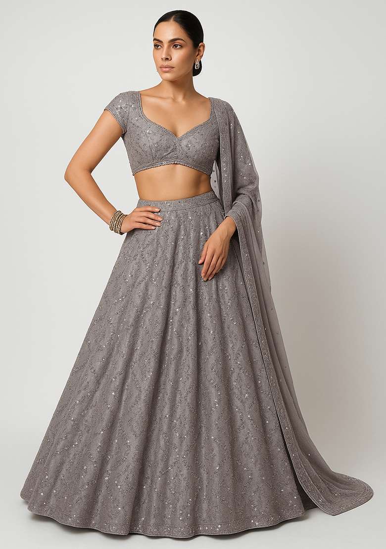 Grey Embellished Georgette Lehenga Set - Indya