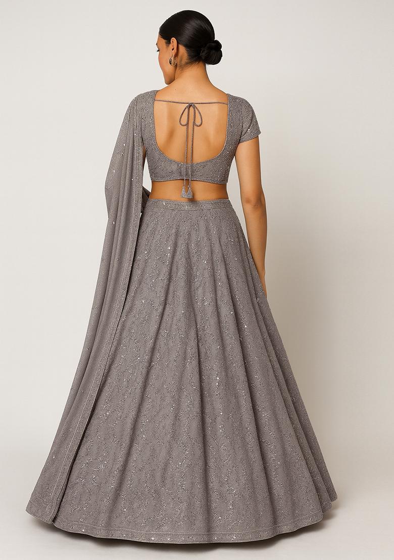 Grey Embellished Georgette Lehenga Set - Indya