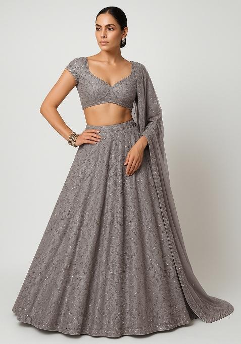 Grey Embellished Georgette Lehenga Set