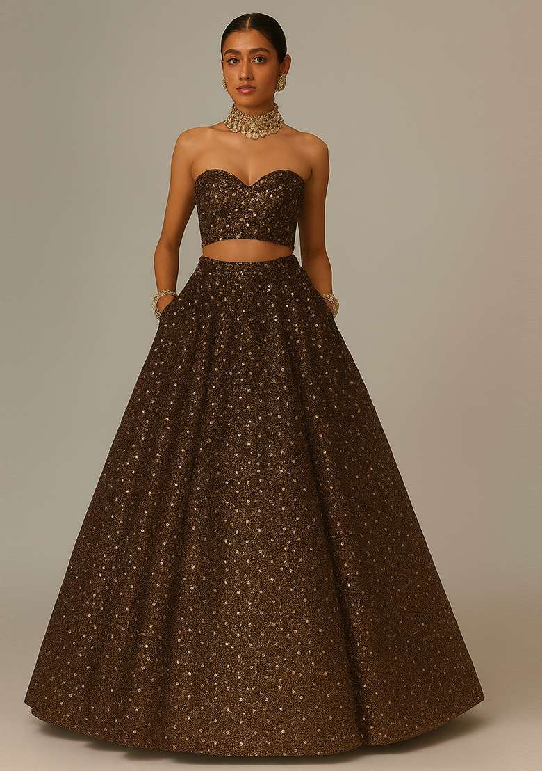 Golden Embellished Net Lehenga Set - Indya