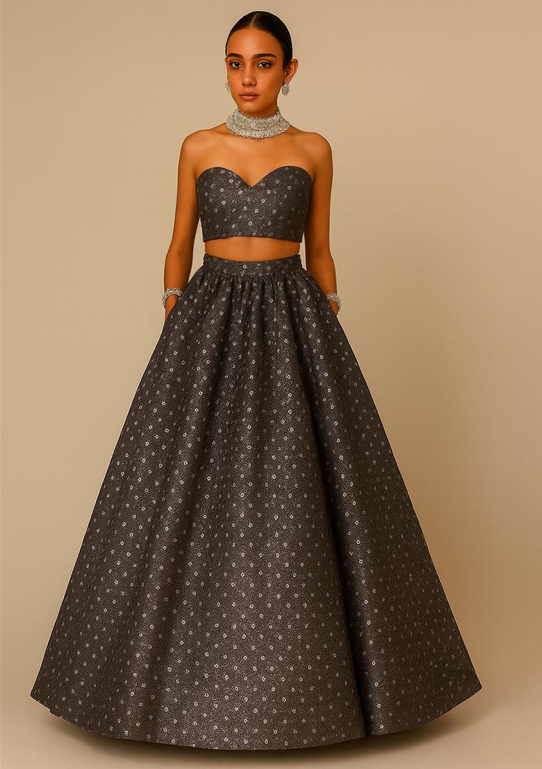 Grey Embellished Net Lehenga Set