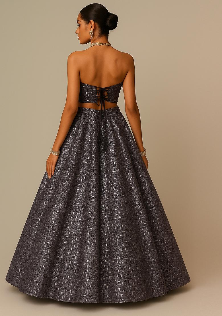 Grey Embellished Net Lehenga Set - Indya