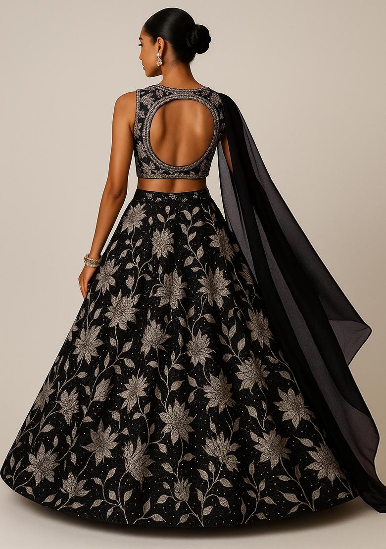 Black And White Printed cotton Lehenga Set - Indya