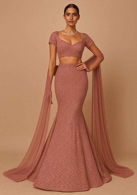 Maroon Embroidered Georgette Lehenga Set