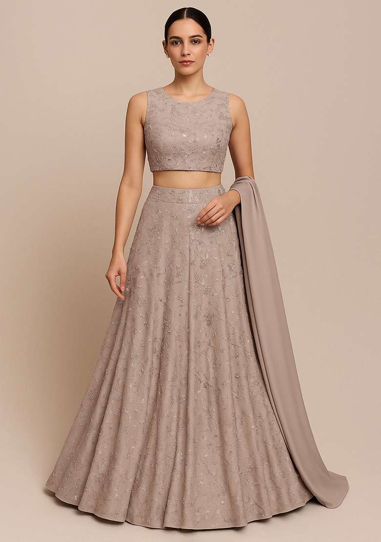 Beige Embroidered Georgette Lehenga Set - Indya