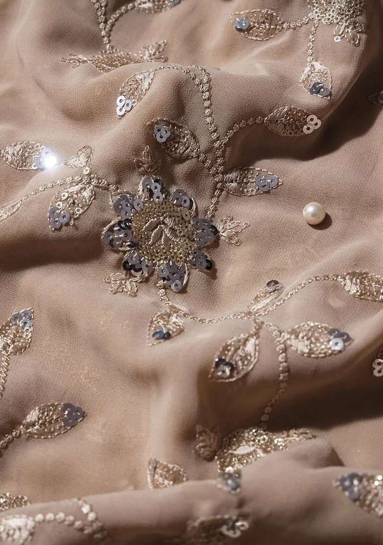 Beige Embroidered Georgette Lehenga Set - Indya