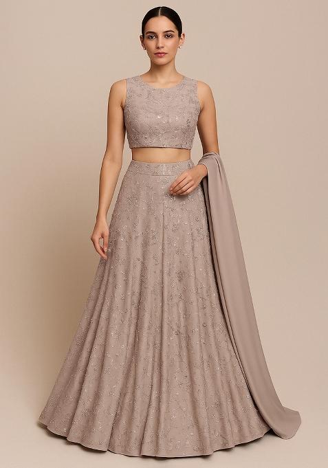 Beige Embroidered Georgette Lehenga Set