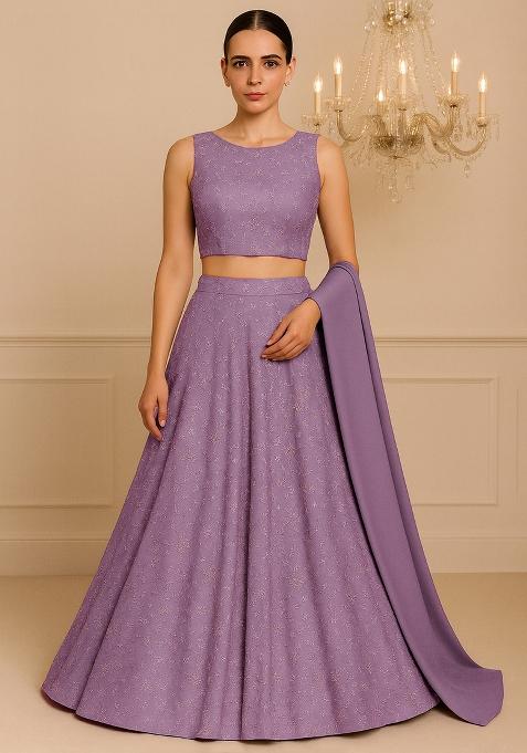 Purple Embroidered Georgette Lehenga Set — view on Indya
