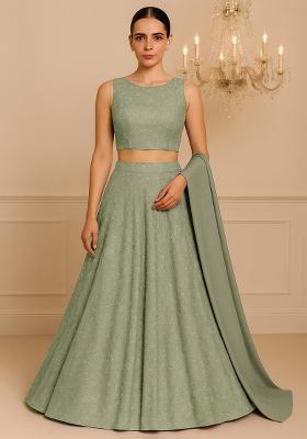 Olive Embroidered Georgette Lehenga Set