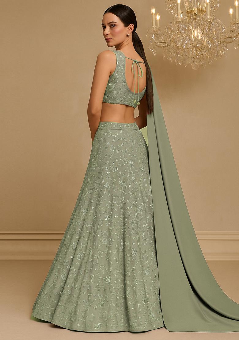 Olive Embroidered Georgette Lehenga Set - Indya