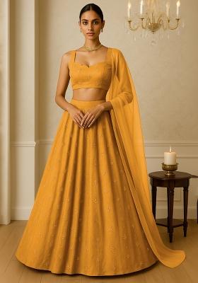 Yellow Embellished Chinon Lehenga Set